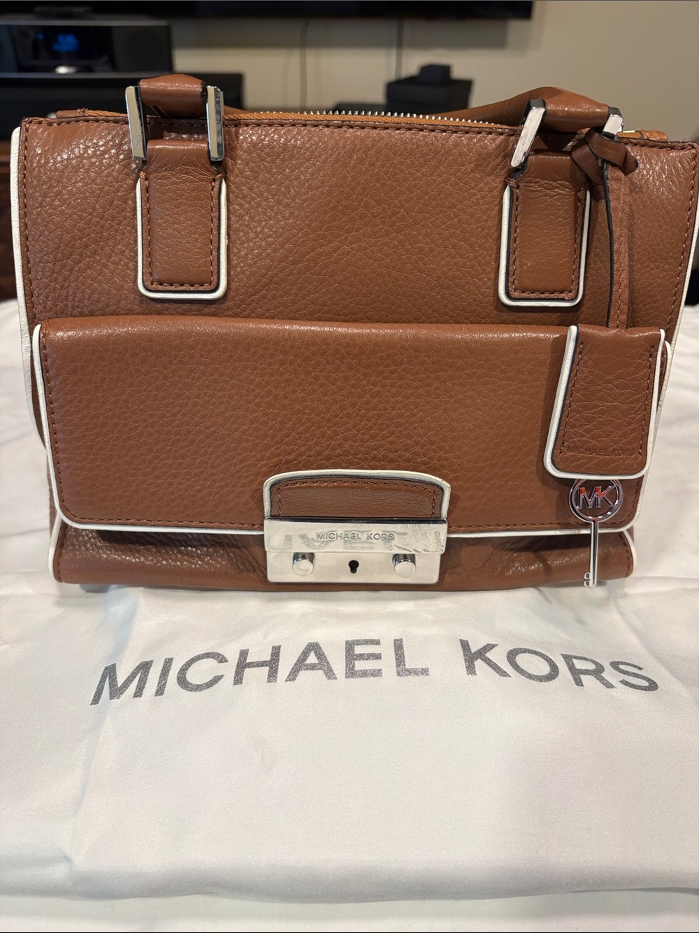 Michael Kors Tan Pebbled Leather Audrey Satchel with Silver Hardware
